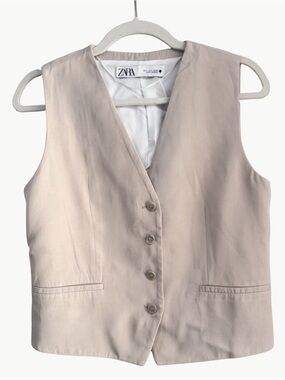 Zara Tailored Beige Waistcoat Vest Button Front Minimalist Size S